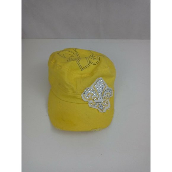 Pit Bull Yellow  Distressed Beaded Fluer De Lis Cadet Army Military Cap - Picture 1 of 8